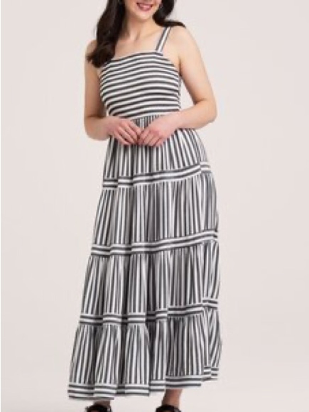 Far West Blue & White Striped Tiered Maxi Pockets Dress Sz L NWT